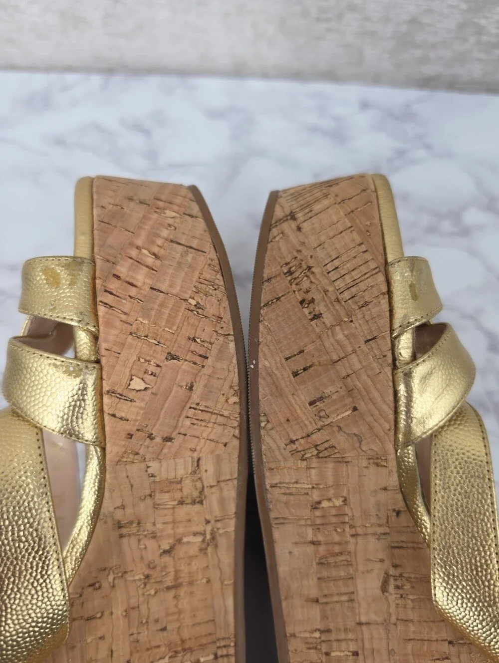 Stuart Weitzman Metallic Gold Leather Straps Cork Wedge Platform Sandals - Picture 9 of 15